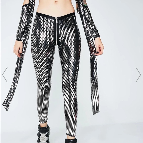 Dolls Kill Pants - DISCO QUEEN MIRRORED LEGGINGS Club Exx